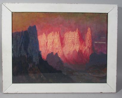 null José CANES (1931) "Composition aux montagnes rouges" Aquarelle sur papier signée...
