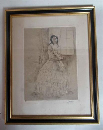 null EDGAR CHAHINE (1874-1947) "Femme à la fenêtre" Gravure à la pointe sèche signée...