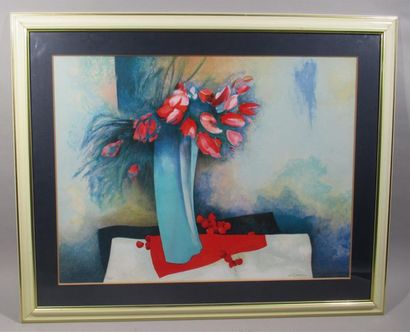 null Claude GAVEAU (né en 1940) "Le Vase Bleu aux tulipes" Lithographie signée en...