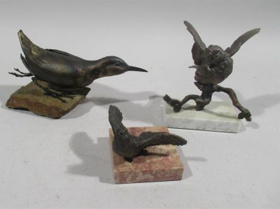 null Anonyme "Bécasse" et "Oiseaux" Trois sujets en composition et bronze patiné...