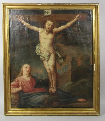 null École FRANÇAISE du XVIIIe siècle "Christ en croix avec la Vierge à ses pieds"...