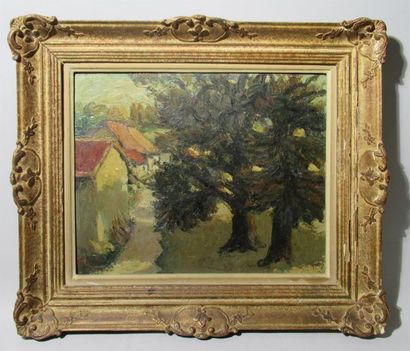 null Lucien CAHEN-MICHEL (1888-1979) "Arbres et village" Huile sur panneau signée...