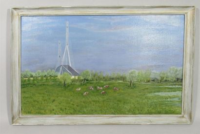 null R. BARRON (XXe) "Le Pont de Normandie" Huile sur toile signée en bas à droite...