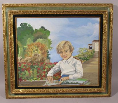 null MONIQUE L. TRONC (XXe) "Portait d'enfant en vacances" Huile sur toile signée...