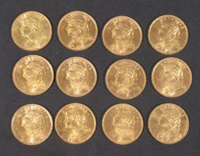 null 12 pièces de 20 Francs or Suisse - 1927, 1935 et 1947 