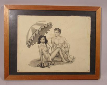 null R. VERROTI (XXe) "Couple à la plage" Dessin à l'encre de Chine sur papier, signé...