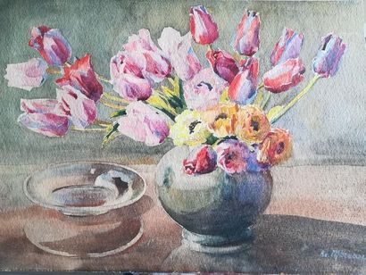 null Re. MOREAU (XXe) "Brassée de roses" et "Bouquet de tulipes" Deux aquarelles...