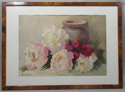 null Re. MOREAU (XXe) "Brassée de roses" et "Bouquet de tulipes" Deux aquarelles...