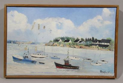 null Jacques ANGLARD (XXe) "Bateaux de pêcheurs en Bretagne" Huile sur toile et crayon...