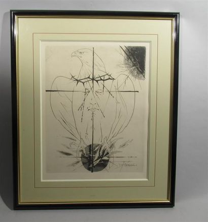 null Pierre-Yves TRÉMOIS (1921) "Aigle au Christ" Lithographie en noir et blanc signée...