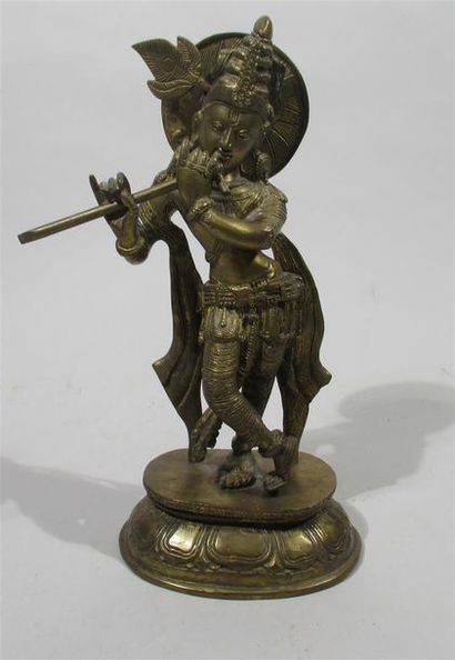 null "Krishna jouant de la flûte" Sujet en bronze à patine dorée - INDE DU SUD, Rajastan,...