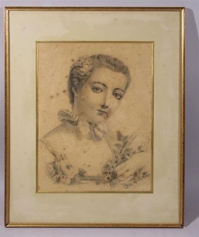 null J. JOUVET (XIXe) "Portrait de jeune femme au panier de roses" Dessin au crayon...