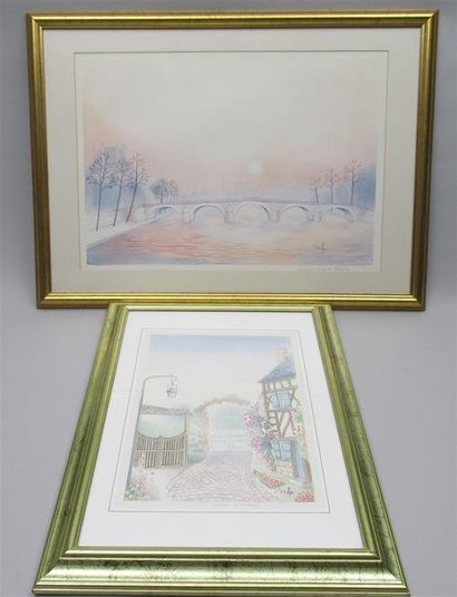 null Lucien MÉLOU (1947) "Ruelle à Gerberoy" et "Paris Le Pont Royal" Deux aquarelles...