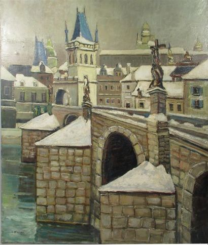null C. MONON (XXe) "Vue de Prague et de la Vltava sous la neige" Huile sur toile...