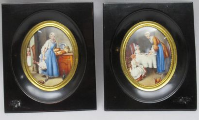 null ANDRE - Deux miniatures sur ivoire de forme ovale, signées, figurant deux scènes...