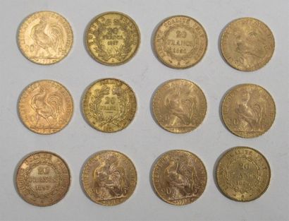 12 pièces de 20 Francs or dont Coq et Napoléon III (diverses années) Non présentées...