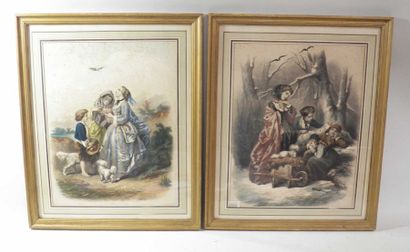 "Les enfants endormis" et "Le Nid" Deux gravures anciennes rehaussées à l'aquarelle...