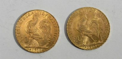 2 pièces de 20 Francs or Coq Non présentées aux expositions et vendues sur désignation....