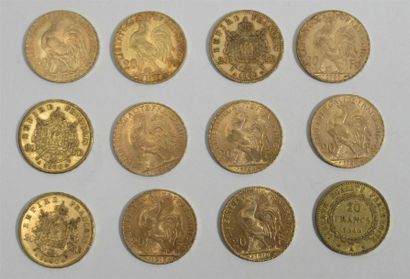 12 pièces de 20 Francs or dont Coq et Napoléon III (diverses années) Non présentées...