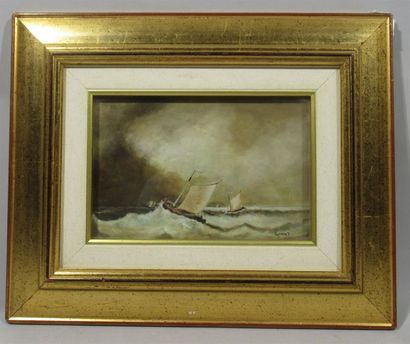 Joseph LAMONT (XXe) "Petits bateaux sous la tempête" Huile sur cuivre signée en bas...