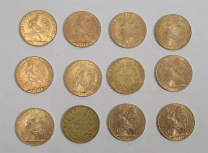 12 pièces de 20 Francs or dont Coq et Napoléon III (diverses années) Non présentées...