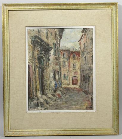 G. LAURET (XXe) "La ruelle de village" Huile sur isorel signée en bas à droite -...