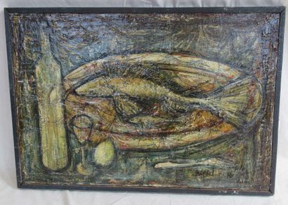 Philippe GRISEL (1930-1998) "Nature morte au poisson" Huile sur toile signée en bas...