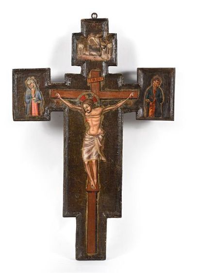 null Ecole Italienne du XVIIe siècle : "Crucifixion" Huile sur panneau sur forme...
