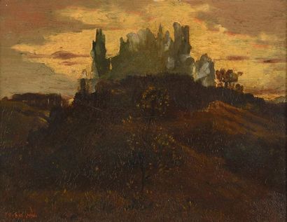 null Théodore ROUSSEAU (1812-1867) "Ruines du Château de Pierrefonds" Huile sur panneau...