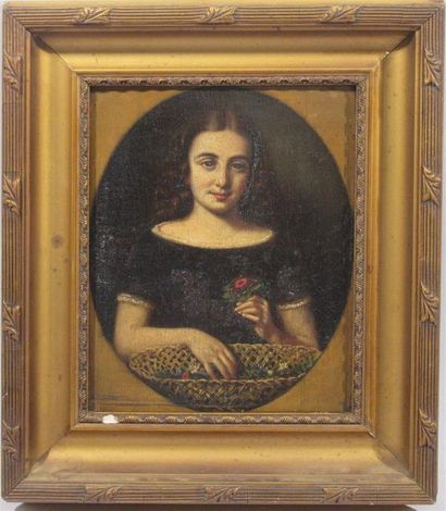 null Ecole française du XIXe siècle "Portrait de fillette au panier de fleurs" Huile...