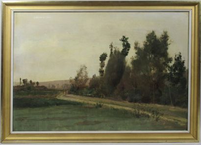 null Paul LAUREAUX (1847-1901) "Paysage lacustre animé à l'orée du bois" Huile sur...