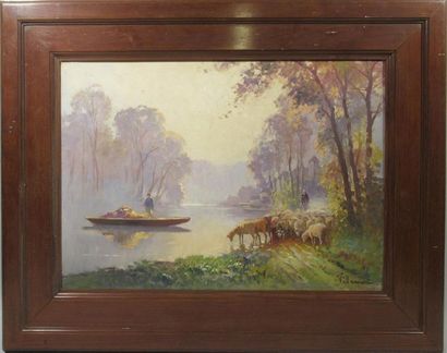 null VILLEMONT "Moutons au bord de la rivière" Huile sur toile signée en bas à droite...