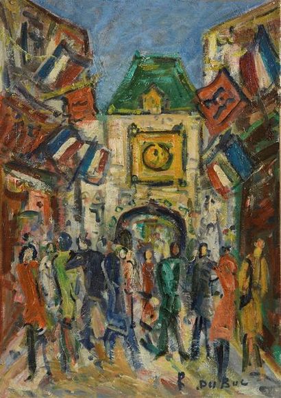 null Roland DUBUC (1924-1998) "La Tour du Gros Horloge à ROUEN" Huile sur toile signée...