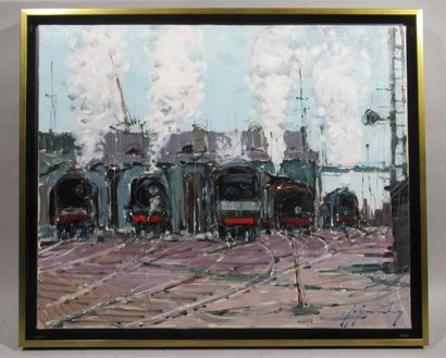 null Guy LEGENDRE (né en 1946) "Les trains" Huile sur toile signée en bas à droite...