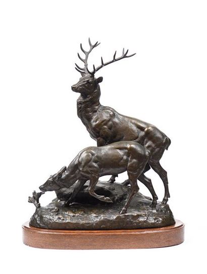 null Jean-Edmond MASSON (1871-1932) "Grand Cerf et Biche" Importante épreuve en bronze...
