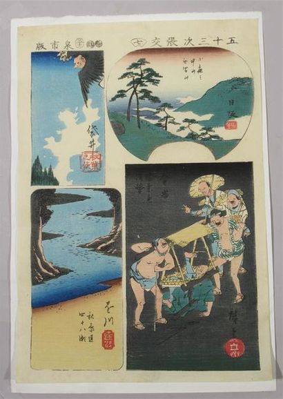 null ORIGINALE ESTAMPE Oban tate - HIROSHIGE (1797/1858)composée de 4 scènes, l'une...