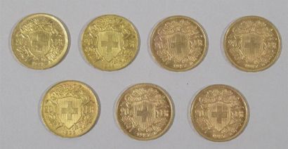 null Sept pièces de 20 Francs or Suisse (diverses années) Non présentées aux expositions...