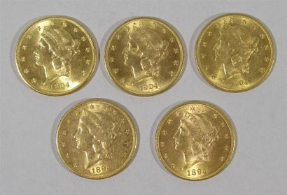 null Cinq pièces de 20 dollars US en or type Liberty (3 de 1904 et 2 de 1894) Non...
