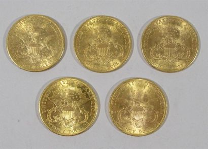 null Cinq pièces de 20 dollars US en or type Liberty (3 de 1904 et 2 de 1894) Non...