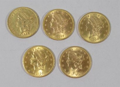 null Cinq pièces de 20 dollars or US type Liberty 1852, 1893, 1900, 1902 et 1904...