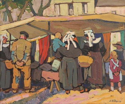  Pierre DE BELAY (1890-1947) « Marché breton » hsc sbd, 54x65 Gazette Drouot