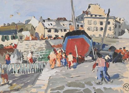  Mathurin MEHEUT (1882-1958), «Douarnenez, barques sur le quai», gouache monogrammée... Gazette Drouot