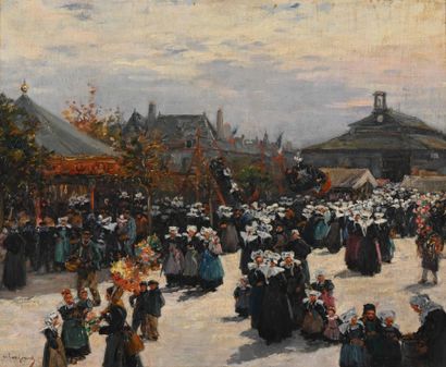  Fernand LEGOUT-GERARD (1856-1924) «Scène de marché», Huile sur toile signée en bas... Gazette Drouot