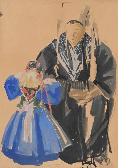  Mathurin MEHEUT (1882-1958), «Femme et fillette de Plougastel», Gouache monogrammée... Gazette Drouot