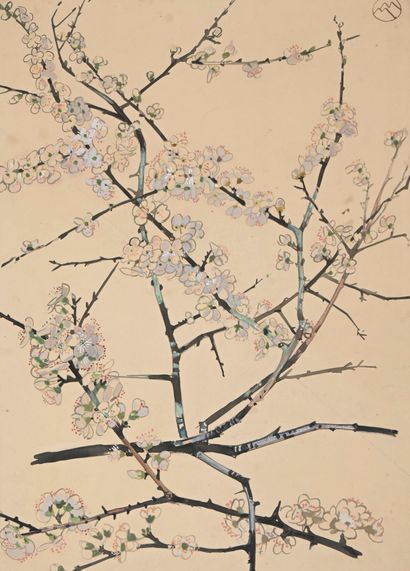  Mathurin MEHEUT (1882-1958), «Cerisier en fleurs», Gouache monogrammée en haut à... Gazette Drouot