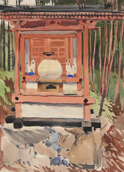  Mathurin MEHEUT (1882-1958), «Japon, temple en forêt», Gouache monogrammée en bas... Gazette Drouot
