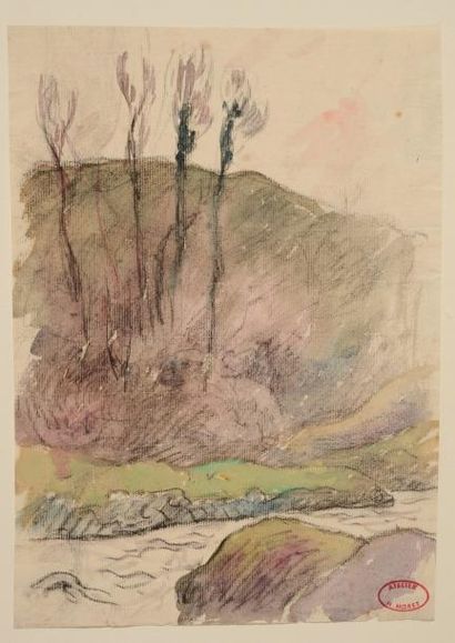 Henry MORET (1856-1913) «Peupliers près de la rivière» aquarelle cabd 30.5x21.5 Gazette Drouot