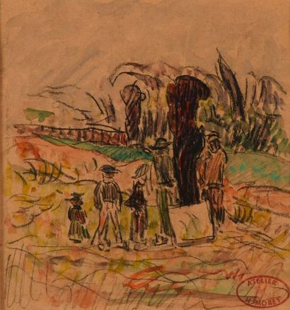  Henry MORET (1856-1913) Personnages devant un paysage vallonné aq cabd 16.1x15.... Gazette Drouot