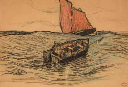  Henry MORET (1856-1913) Pêcheurs en barque et voile rouge crayons gras et couleurs... Gazette Drouot