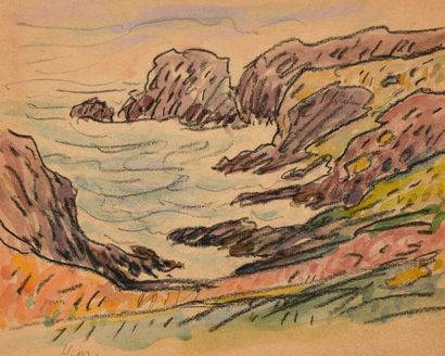  Henry MORET (1856-1913) Côte rocheuse aq sur trait de crayon mbg 20x25 Gazette Drouot